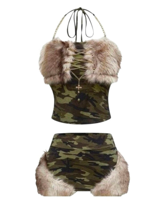 2PCS Camouflage Fur Patchwork Chain Halter Mini Skirt Set
