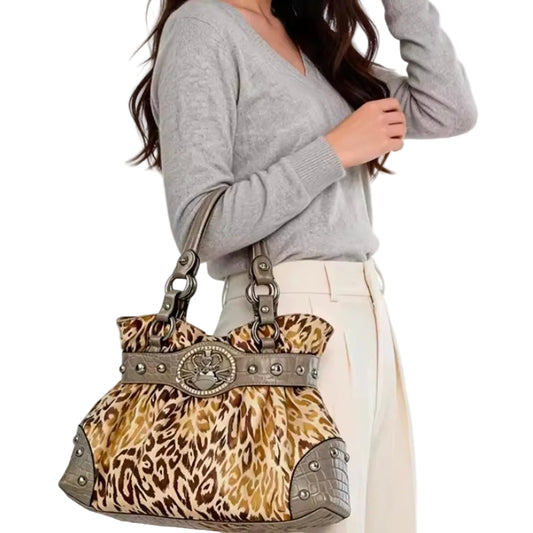 Chic Leopard Print Studded Shoulder Handbag