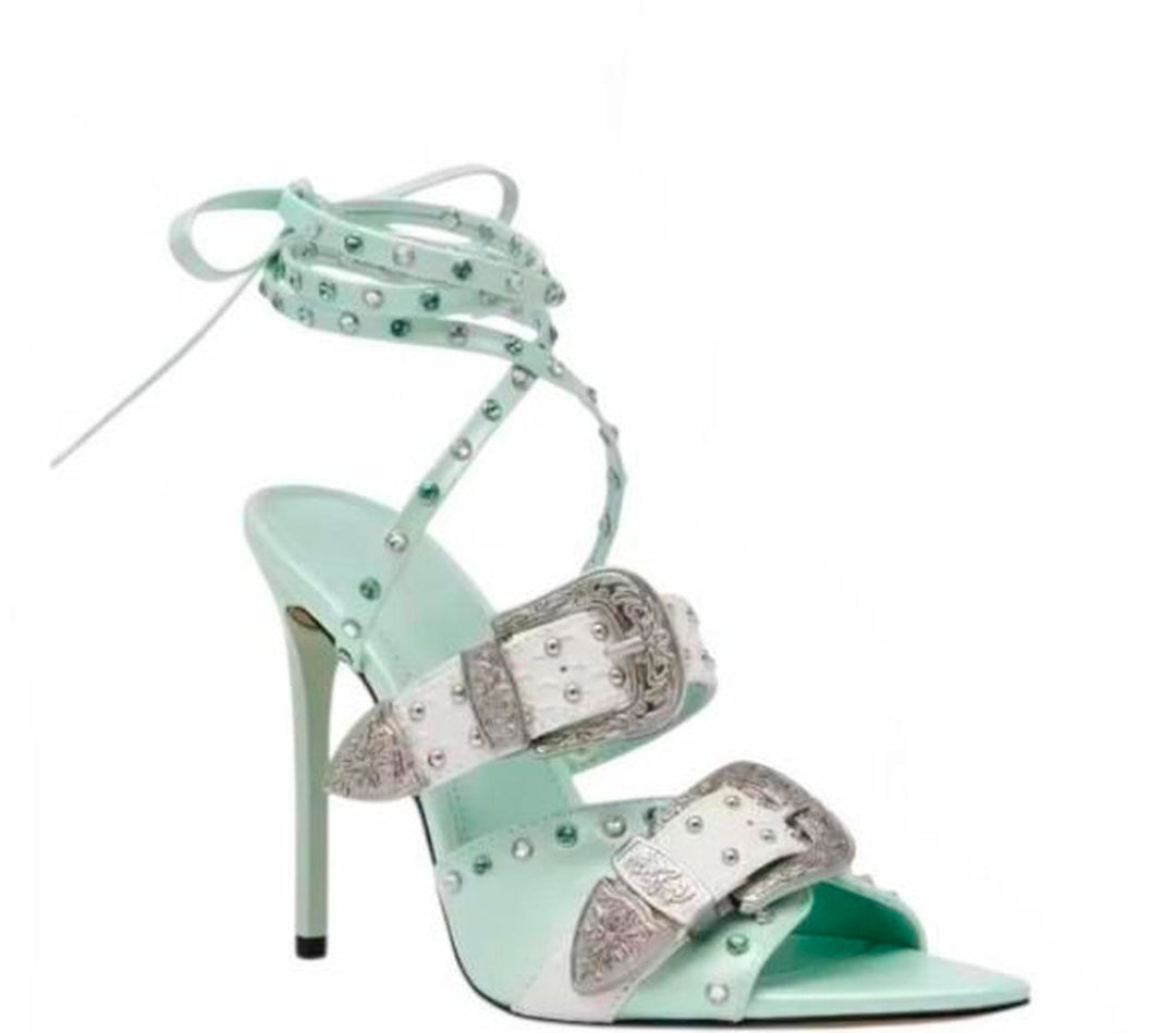 Denim Buckle Strap Studded Sandal High Heels