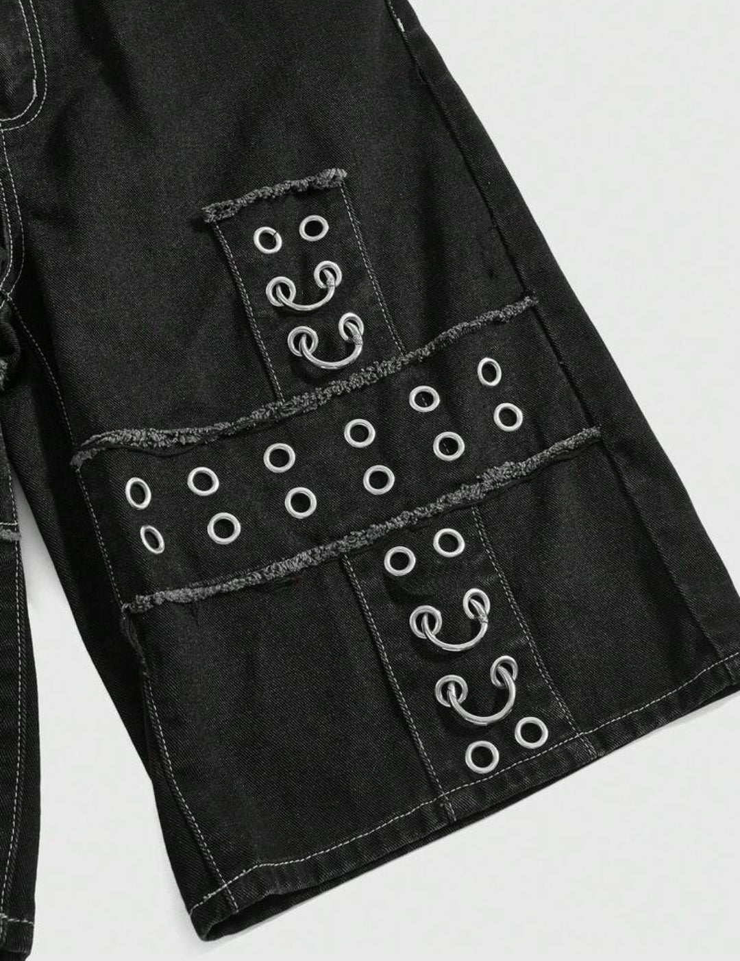Denim Rivet Eyelet Cross Loose Shorts