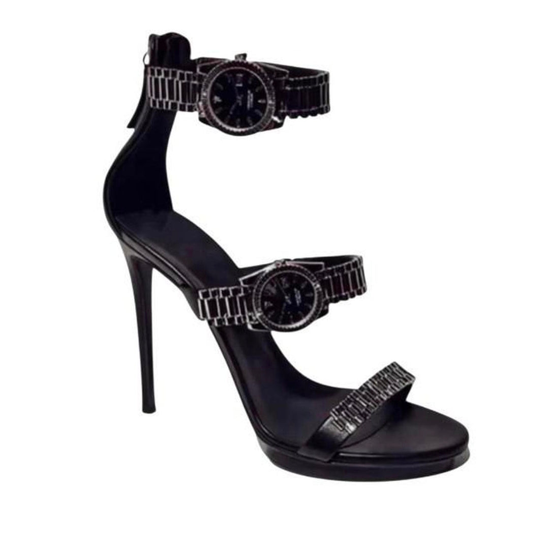 Silver Watch Embellished Strap Open Toe High Heels