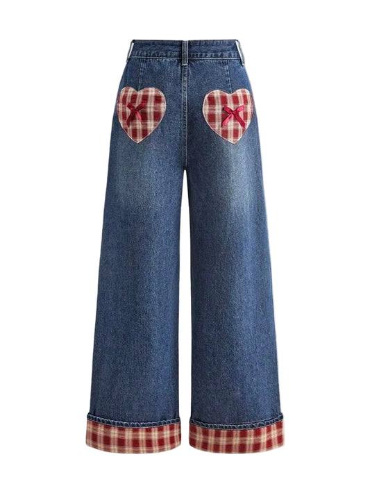 Sweetheart Plaid Pocket Wide-Leg Denim Jeans