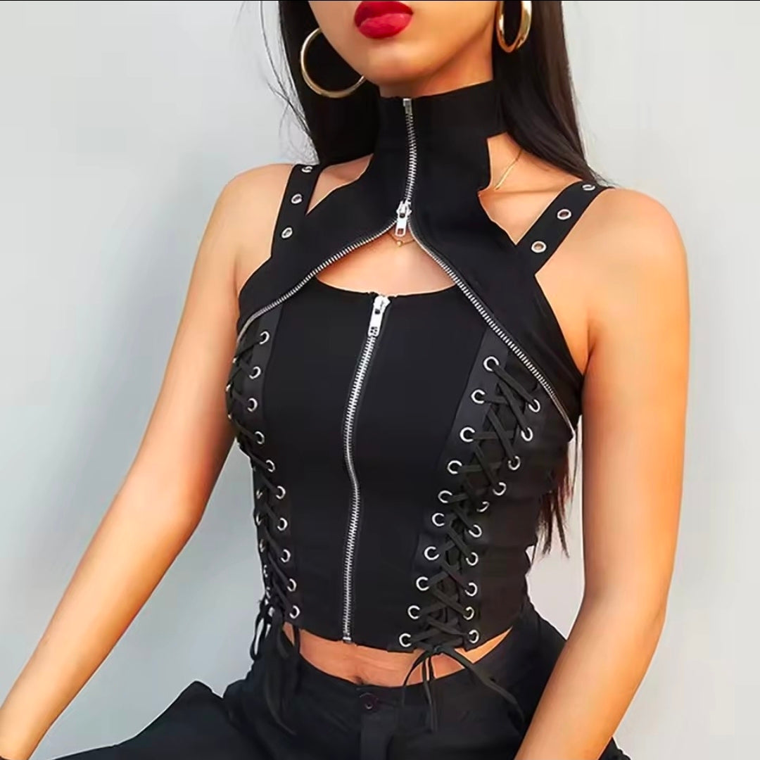 Y2K Retro Sleeveless Eyelet Lace-Up Zipper Top