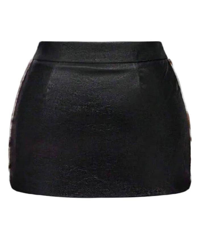 Leather Animal Fur Patchwork Mini Skirt