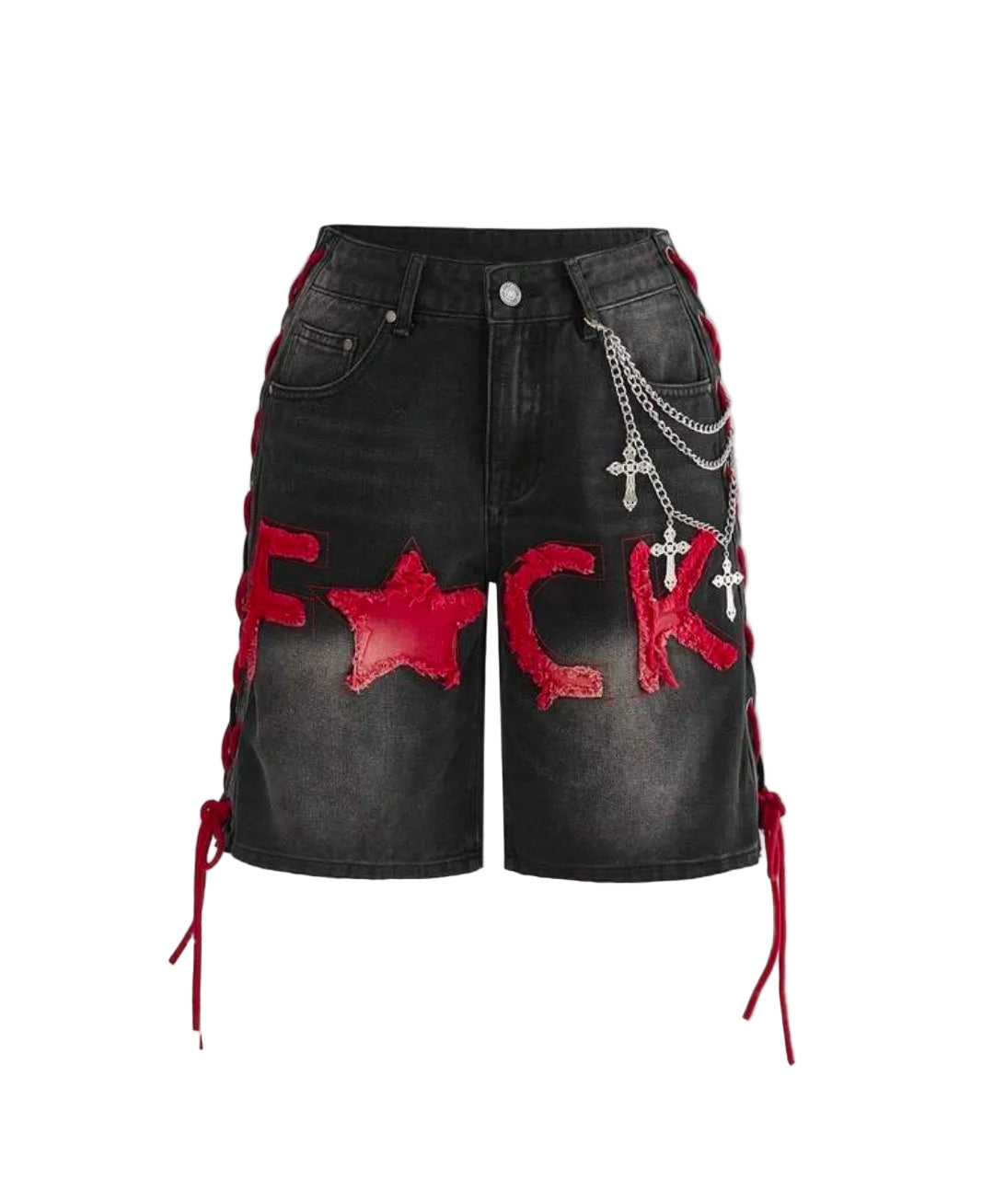 Star Lace-Up Denim Shorts with Cross Chain Detail
