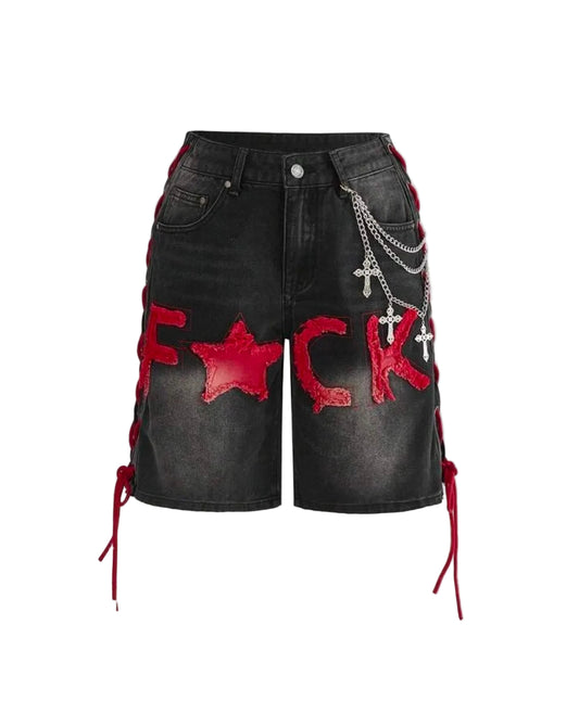 Star Lace-Up Denim Shorts with Cross Chain Detail