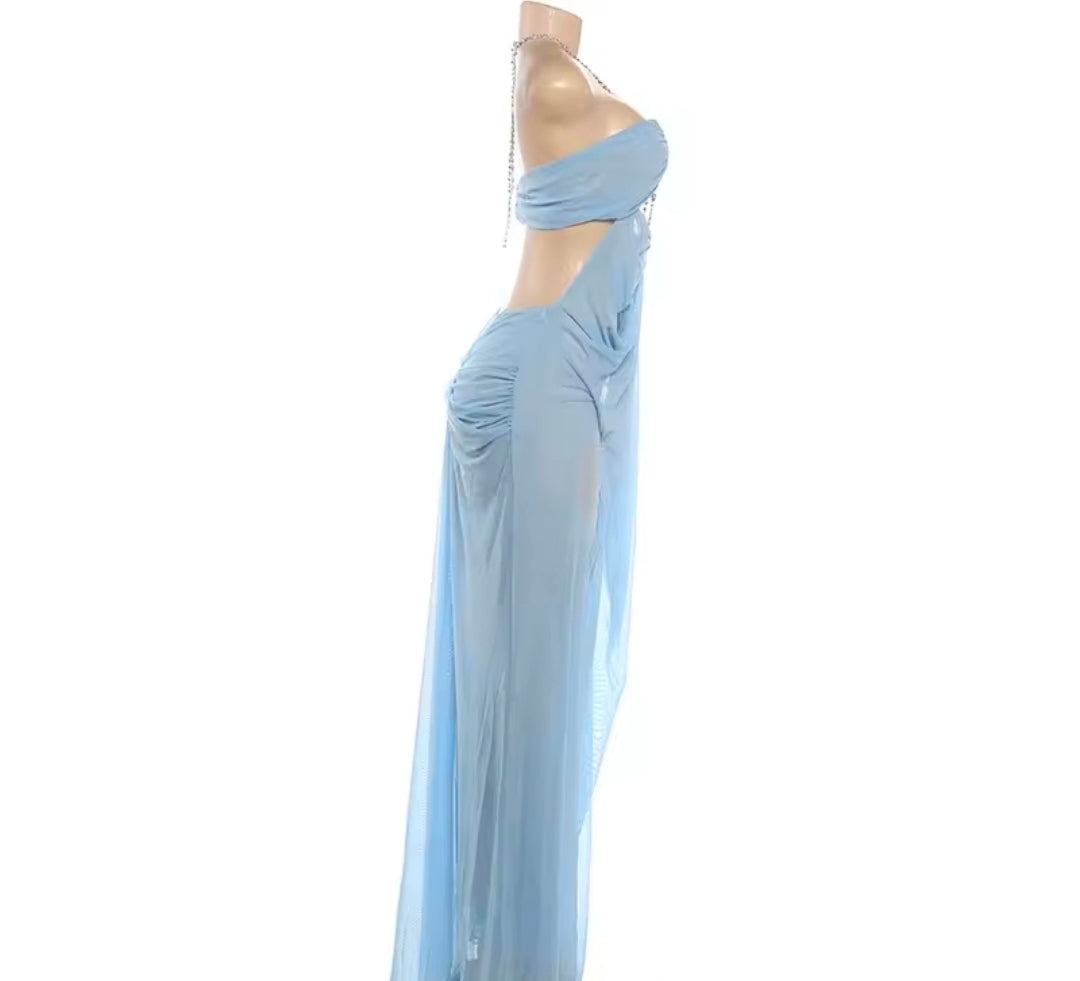 Women's Blue Sheer Mesh Long Dress