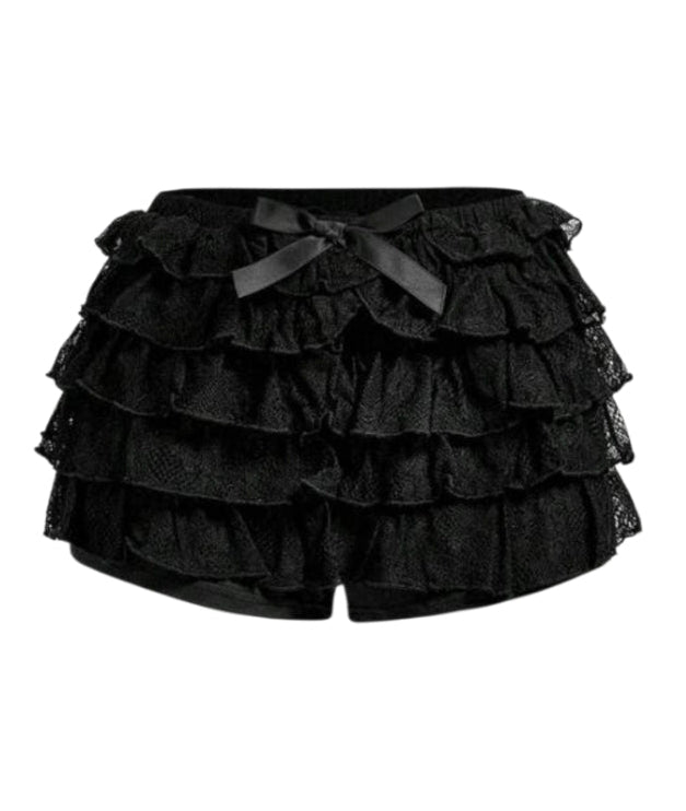 2PCS Mesh Lace Flare Sleeves Top Ruffle Shorts Sets