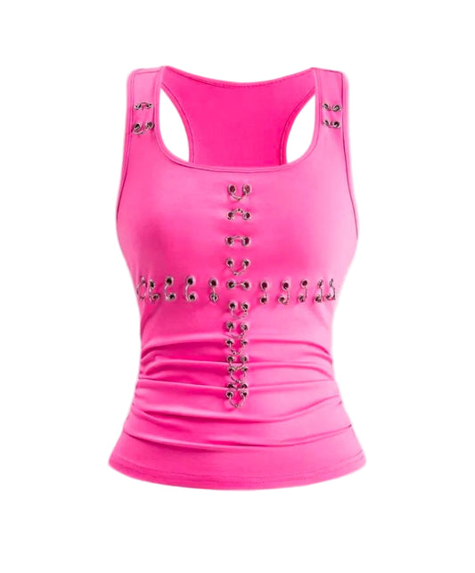 Hot Pink Rivet Tank Top – Bold Y2K Sleeveless Crop Top