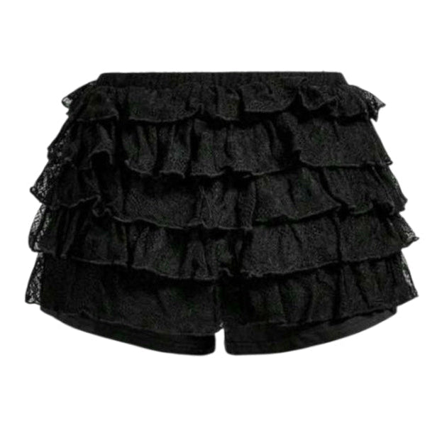2PCS Mesh Lace Flare Sleeves Top Ruffle Shorts Sets