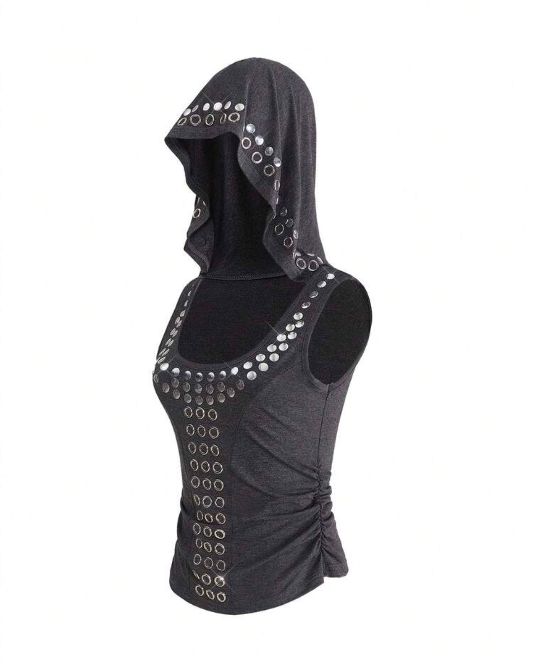 Retro Rivet Studded Sleeveless Hooded Top