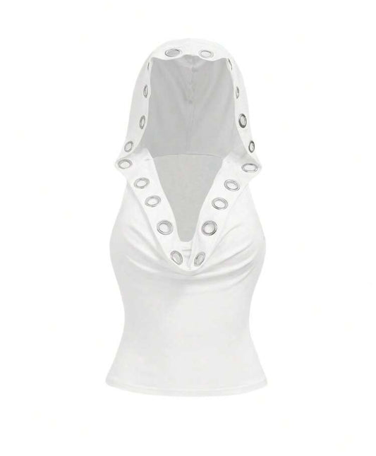 White Eyelet Metal Hooded Tank Top