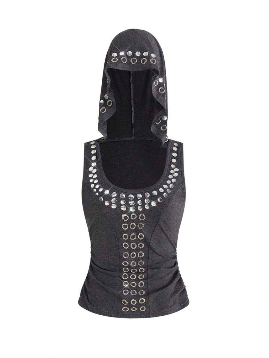 Retro Rivet Studded Sleeveless Hooded Top