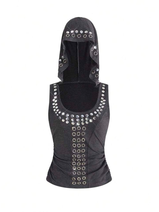 Retro Rivet Studded Sleeveless Hooded Top