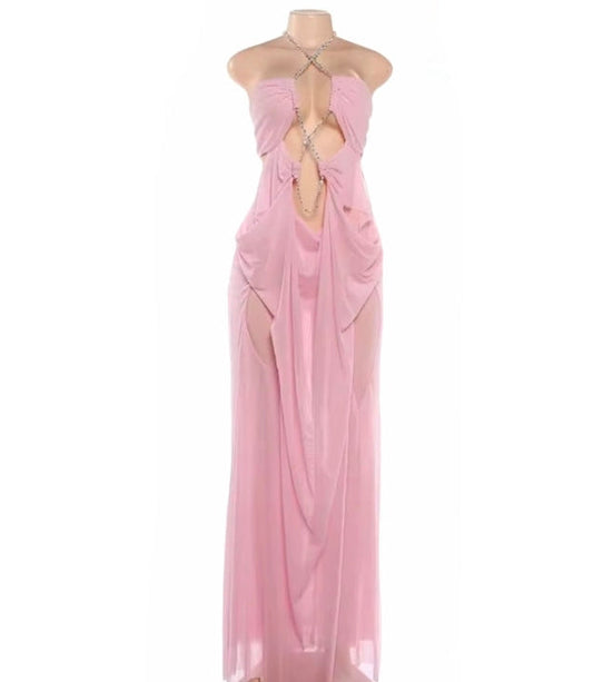 Women's Pink Sheer Mesh Long Dress