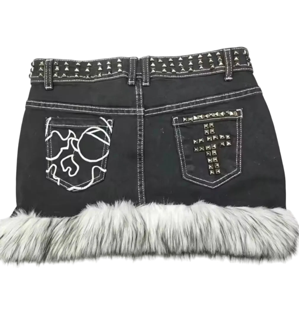 Retro Denim Cross-Studded Fur Hem Y2K Mini Skirt