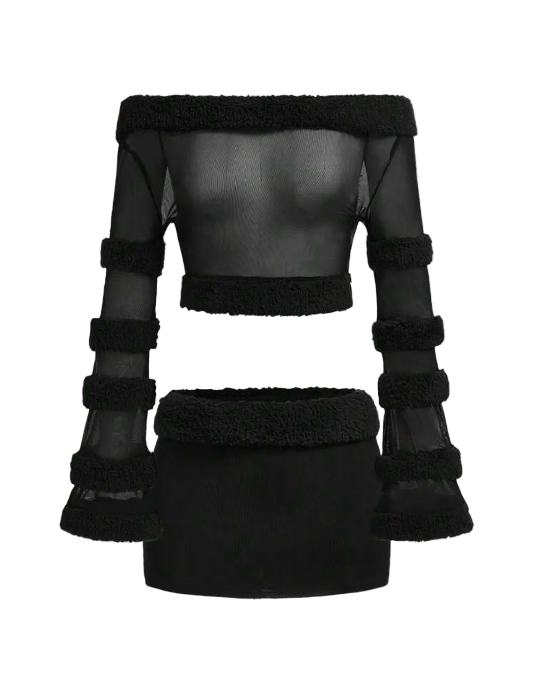 2PCS Off-Shoulder Mesh Fur Trim Low Waist Skirt