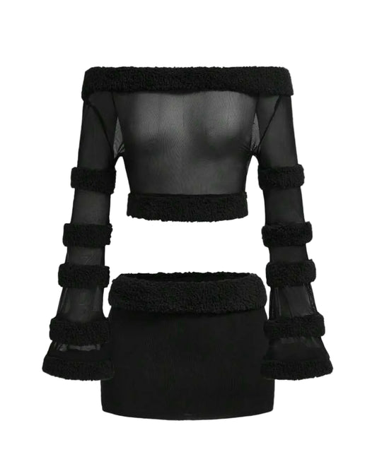 2PCS Off-Shoulder Mesh Fur Trim Low Waist Skirt
