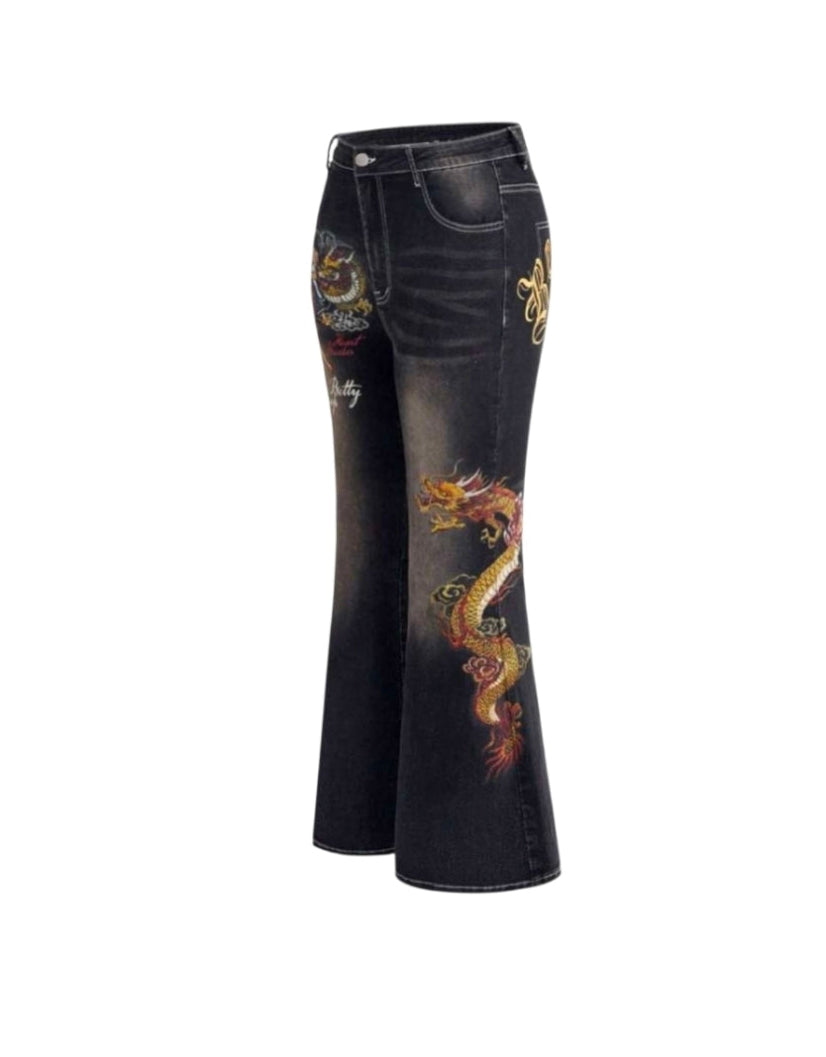 Betty Boop Denim Dragon Print Flare Jeans