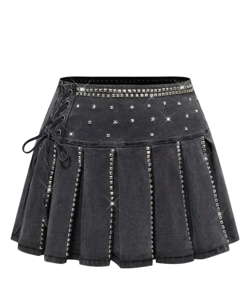 Black Denim Pleated Skirt   Rivets Drawstring Tie Mini Skirt