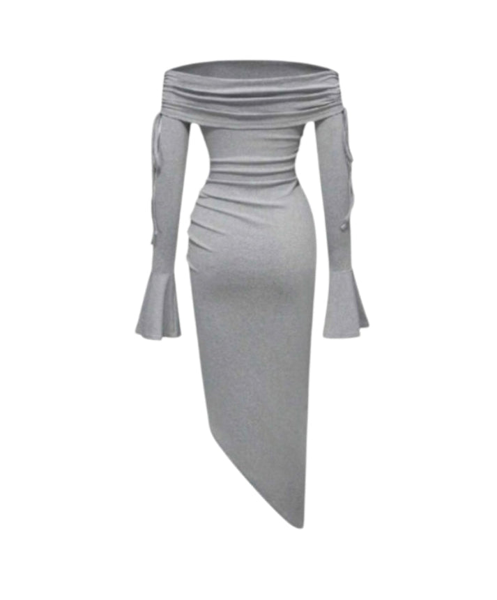 Grey off The Shoulder Ruched Bodycon Midi Dress