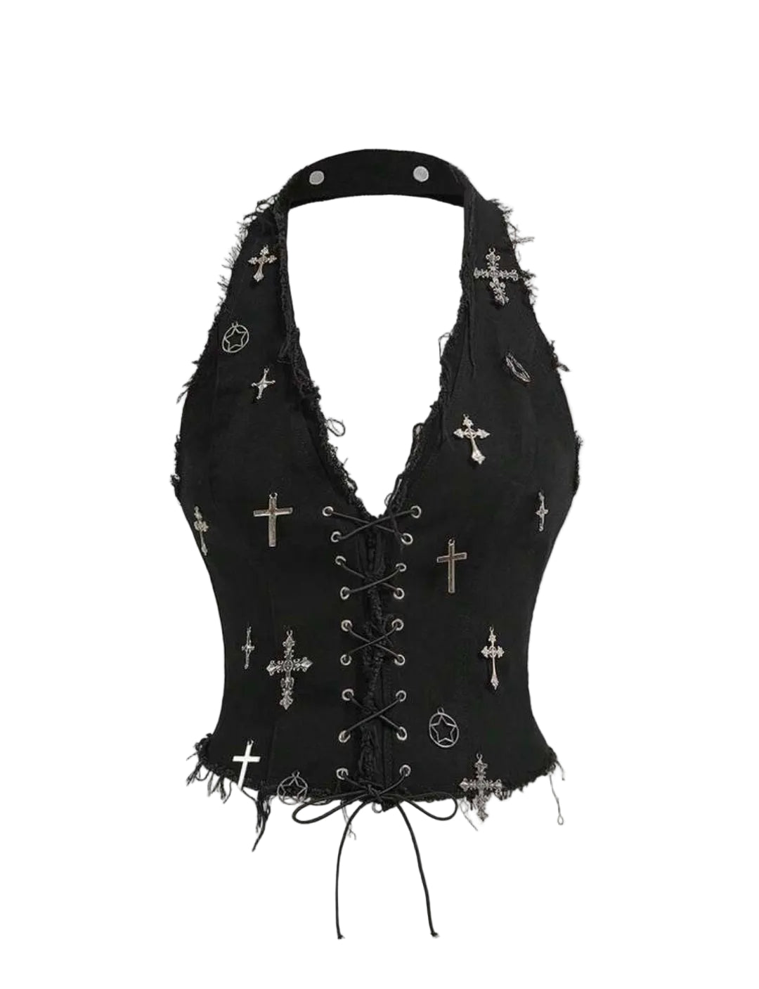 Denim Lace-Up Cross Decor Halter Top