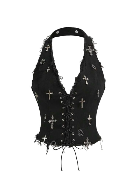Denim Lace-Up Cross Decor Halter Top