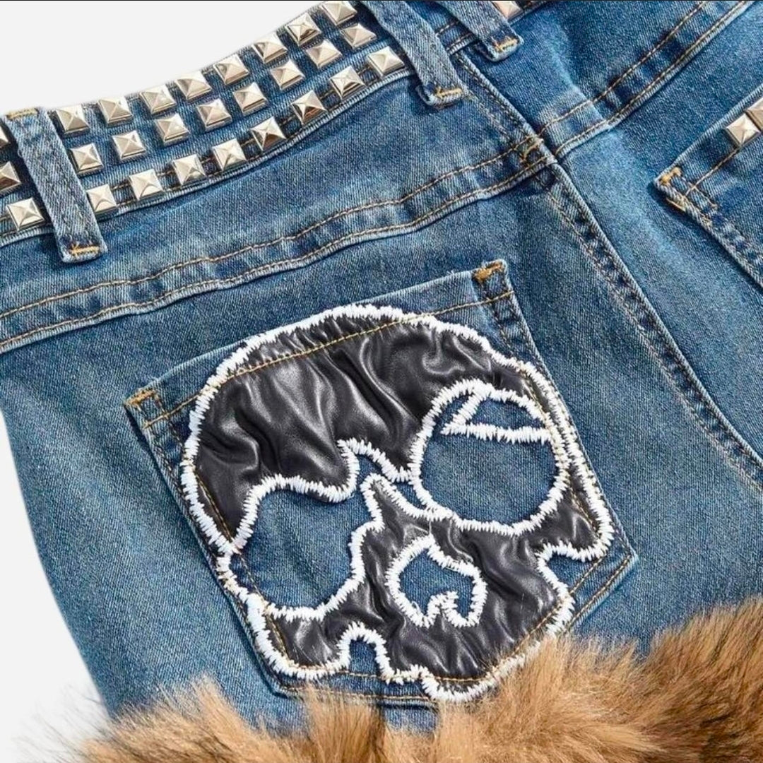 Denim Low Waist Studded Patchwork Shorts