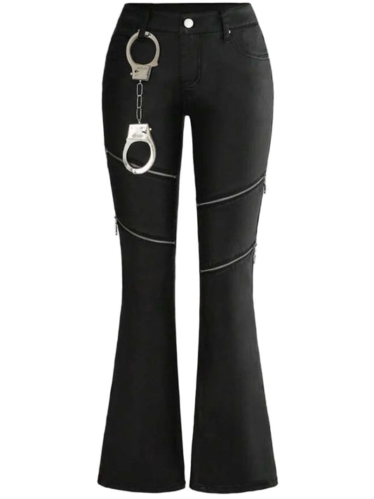 Edgy Black Flared Zip-Detail Pants with Handcuff Chain