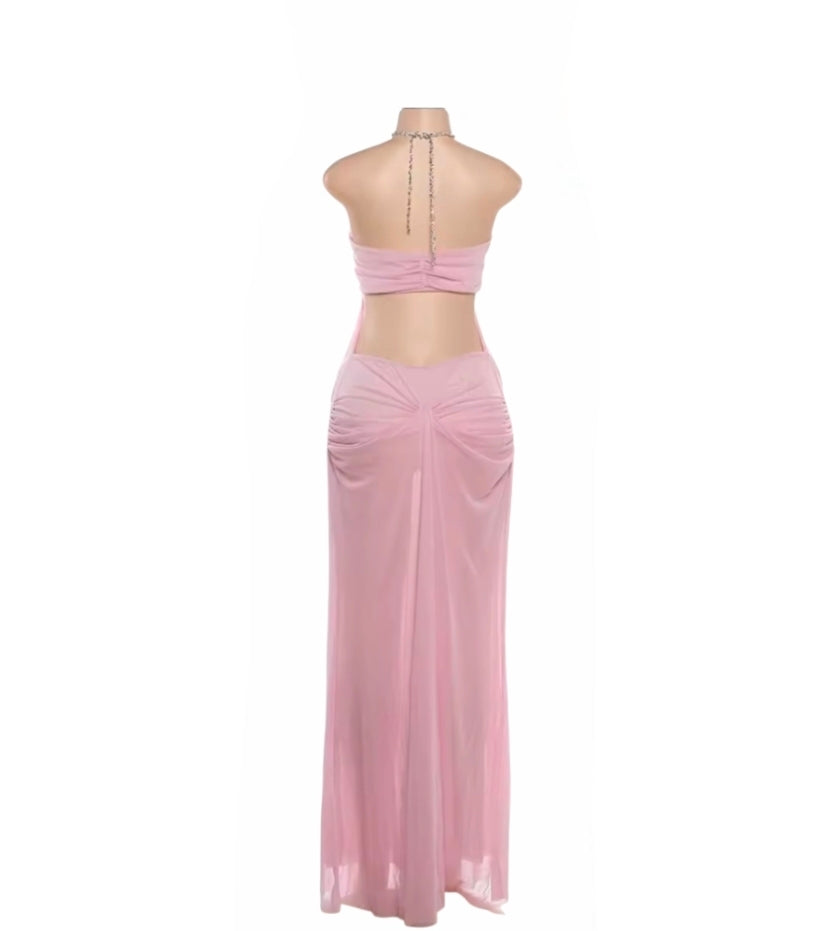 Women's Pink Sheer Mesh Long Dress