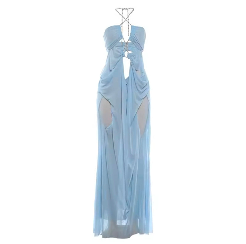 Women's Blue Sheer Mesh Long Dress