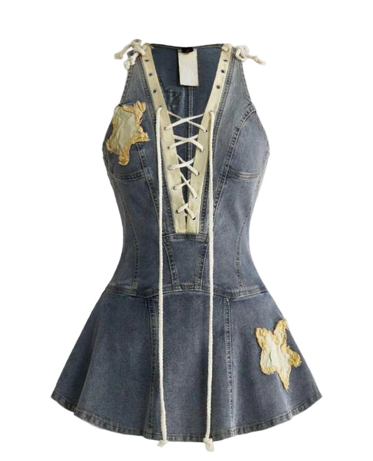 Vintage Lace-Up Denim Corset Mini Dress