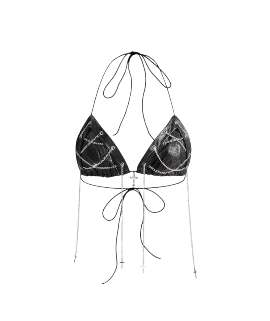 2pcs Leather Lace-Up Chain Low Waist Shorts Bikini Set