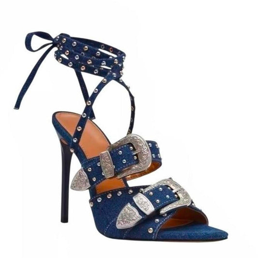 Denim Buckle Strap Studded Sandal High Heels
