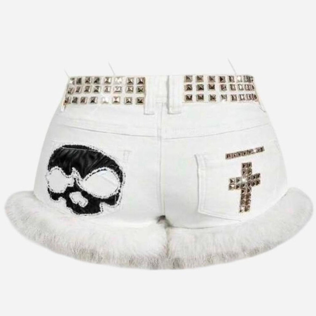Denim Low Waist Studded Patchwork Shorts