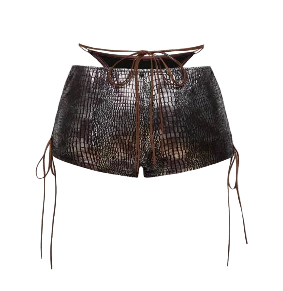 2PCS Leather Lace-Up Bikini Top Shorts Sets