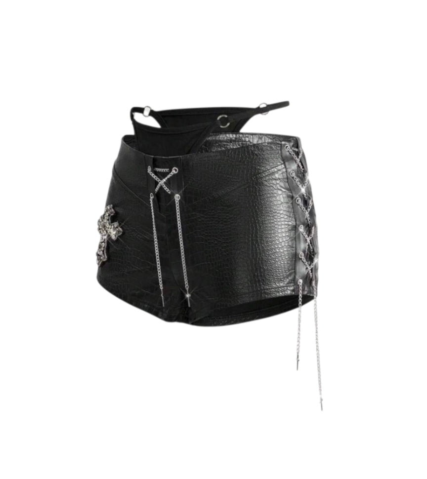 2pcs Leather Lace-Up Chain Low Waist Shorts Bikini Set