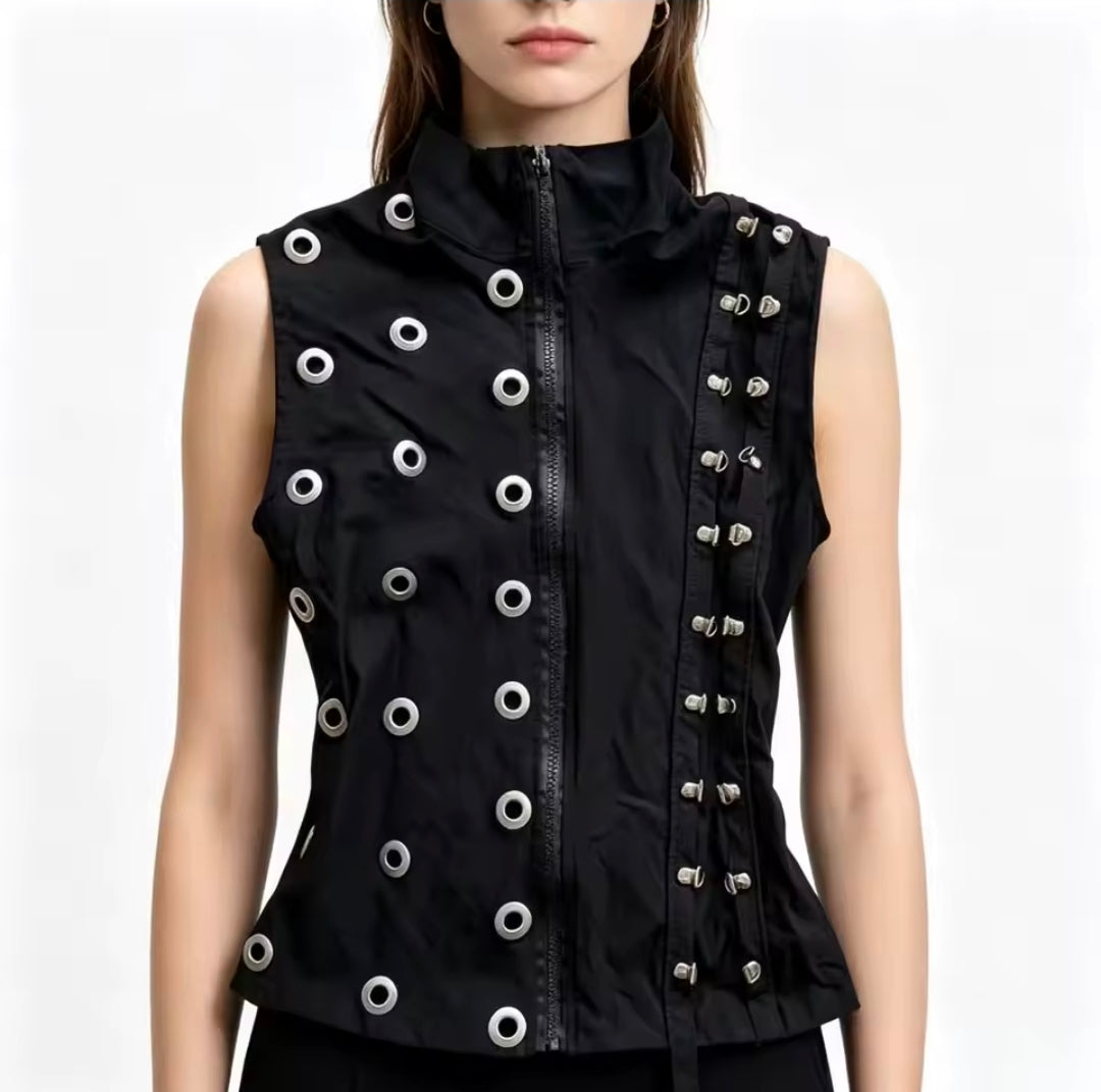 Black Silver Eyelets Sleeveless Top