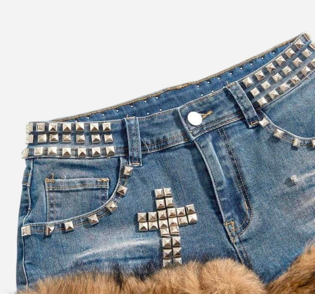 Denim Low Waist Studded Patchwork Shorts
