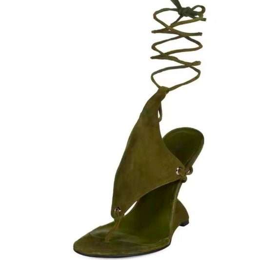 Olive Green Lace-Up Wedge Sandals Open Toe Strappy Mid-Heel