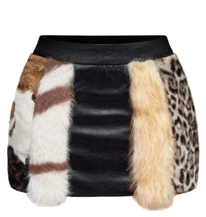 Leather Animal Fur Patchwork Mini Skirt