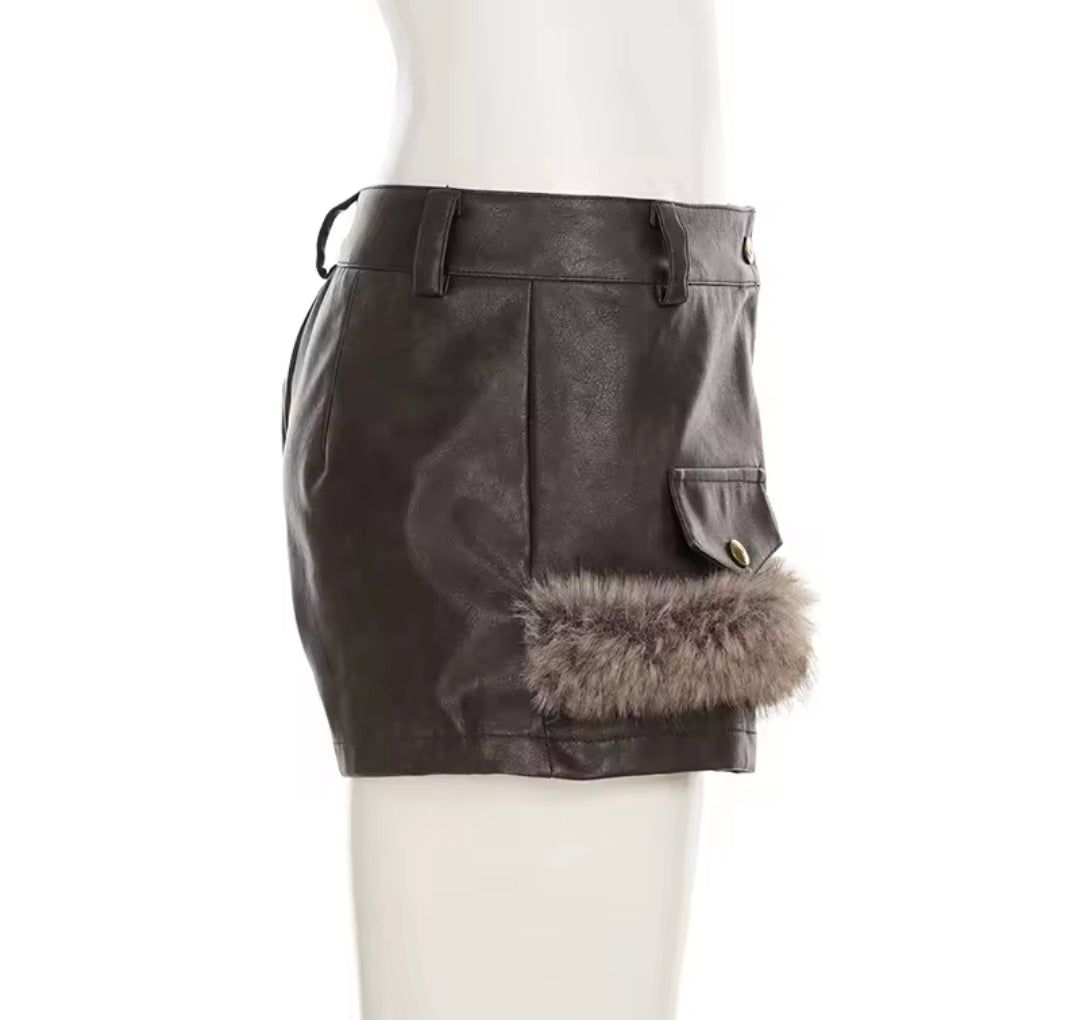 Y2K Leather Fur Patchwork Low Rise Shorts