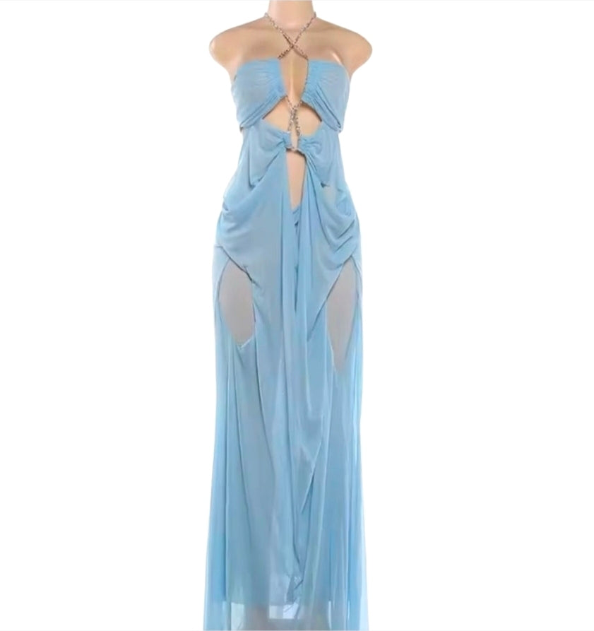 Women's Blue Sheer Mesh Long Dress