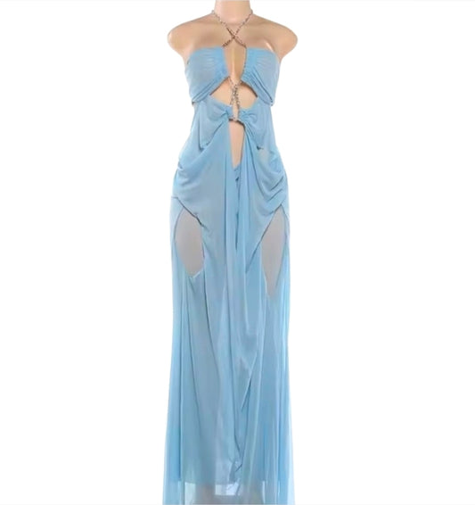 Women's Blue Sheer Mesh Long Dress