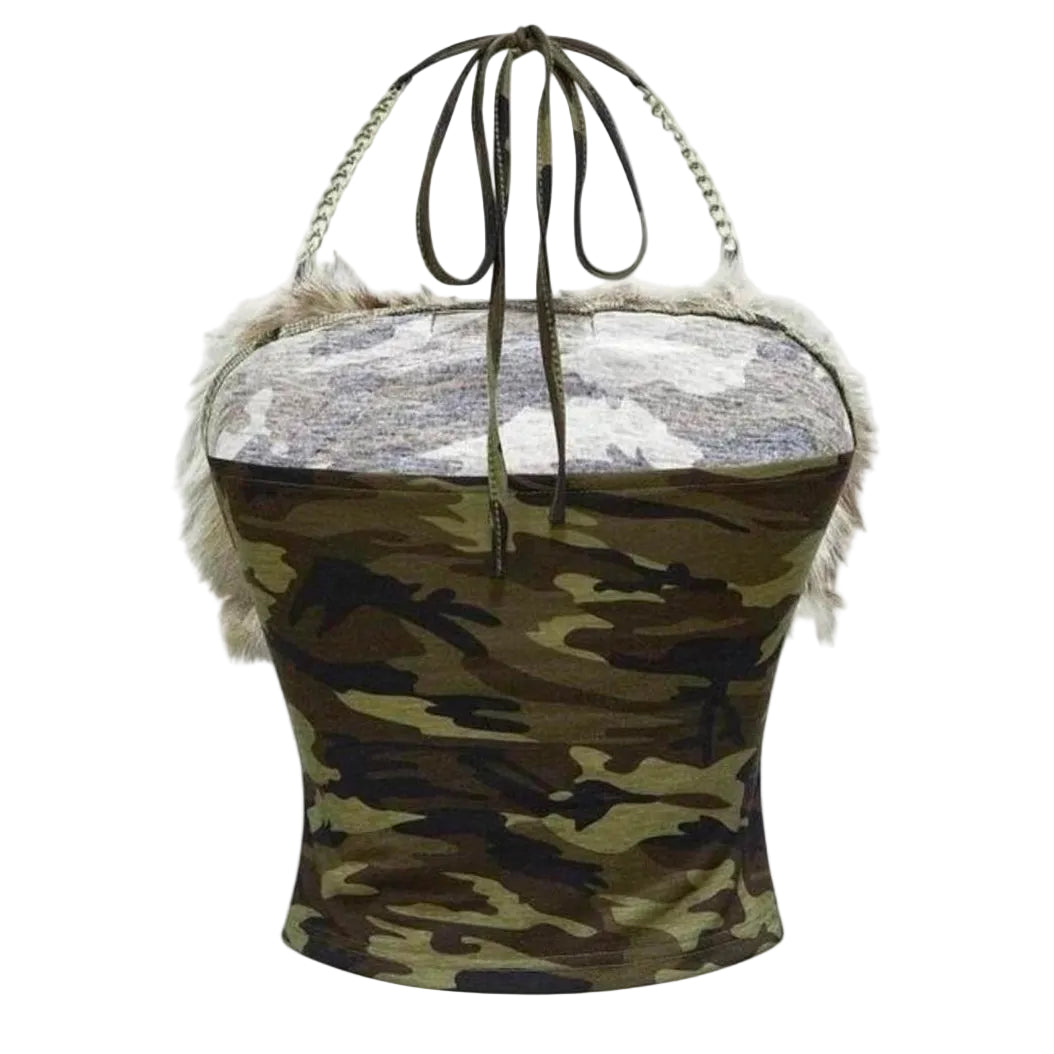 2PCS Camouflage Fur Patchwork Chain Halter Mini Skirt Set