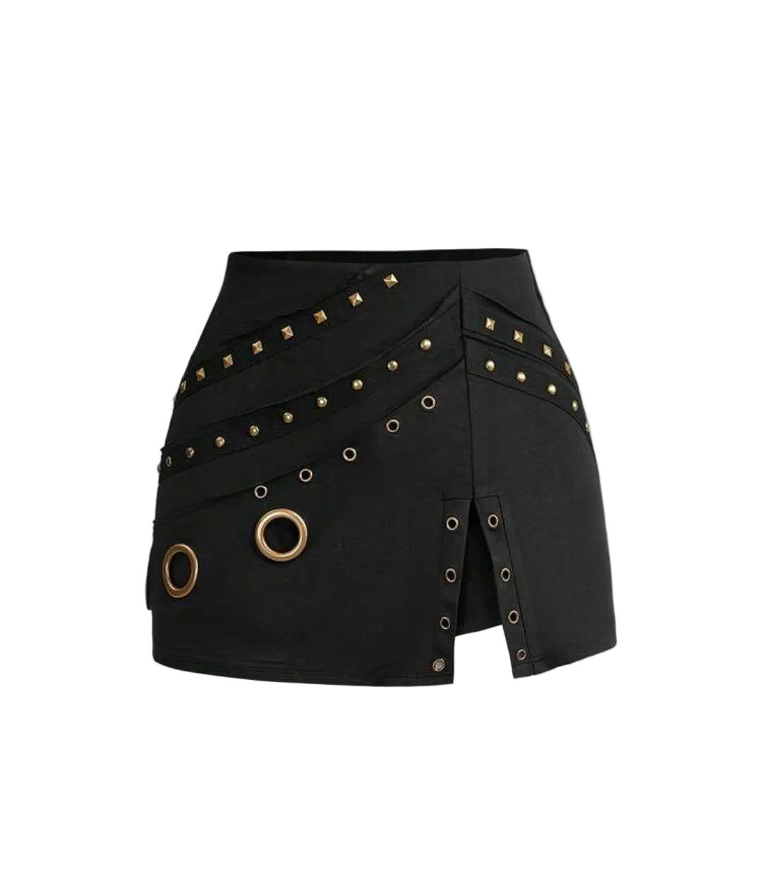 2PCS Gold Studded Asymmetrical Top Low Waist Mini Skirt Sets