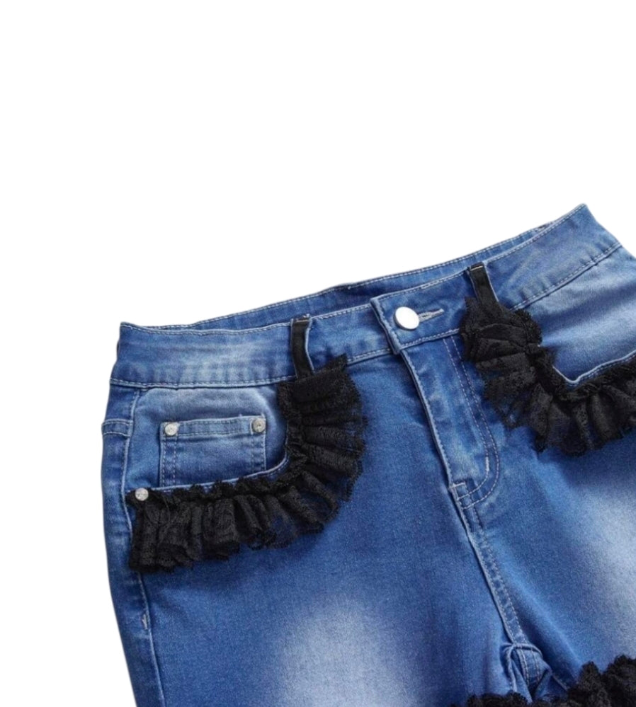 Y2K Style Ribbon Mesh Lace Trim Straight Leg Jeans