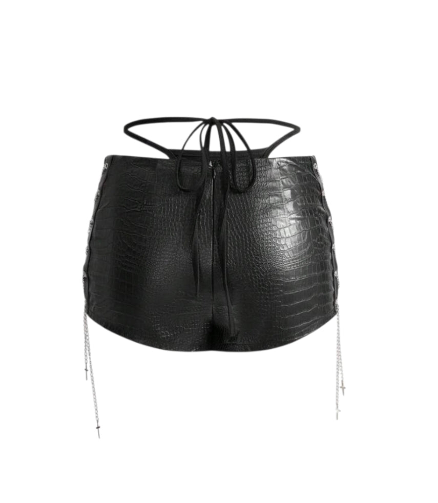 2pcs Leather Lace-Up Chain Low Waist Shorts Bikini Set