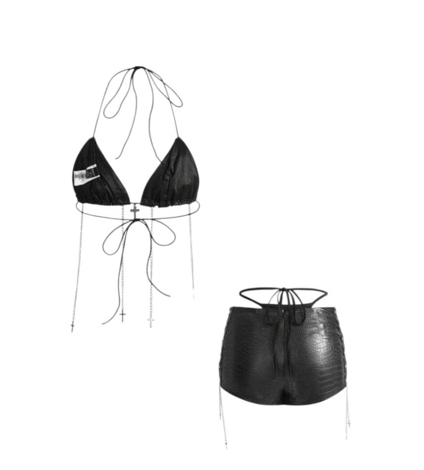 2pcs Leather Lace-Up Chain Low Waist Shorts Bikini Set