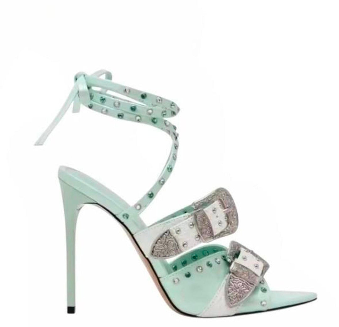 Denim Buckle Strap Studded Sandal High Heels